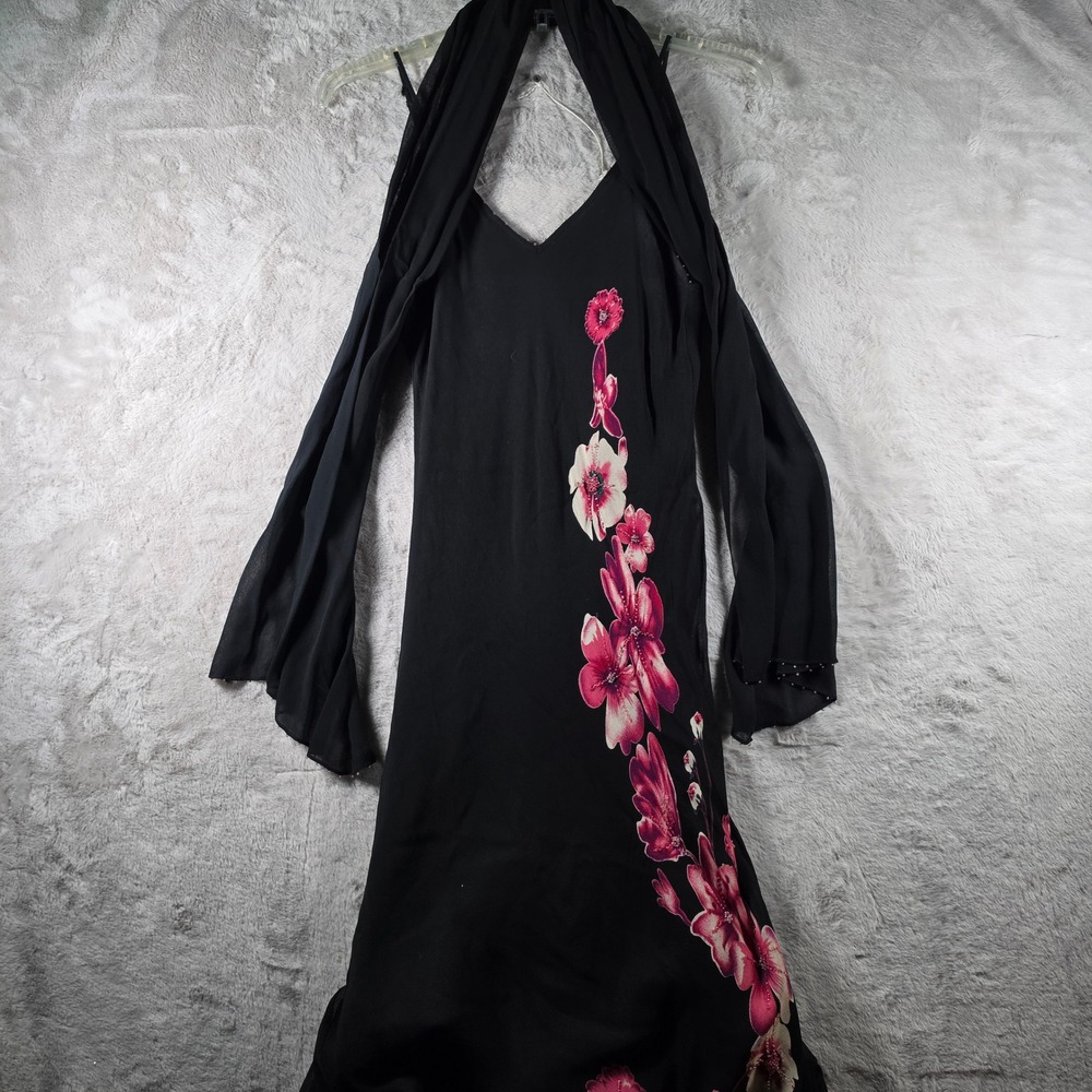 American Angel Floral Maxi Dress Womens M Black Pink Beaded Scarf Y2K Formal